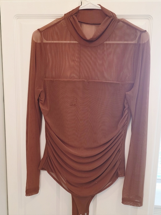 ReoRia Tops - Sheer Rust Brown Long Sleeve Bodysuit